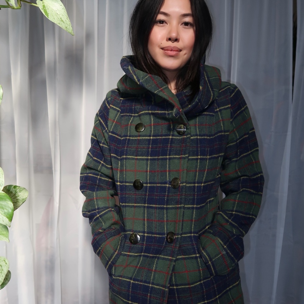 Urban Outfitters Green and Blue Plaid Pea Coat